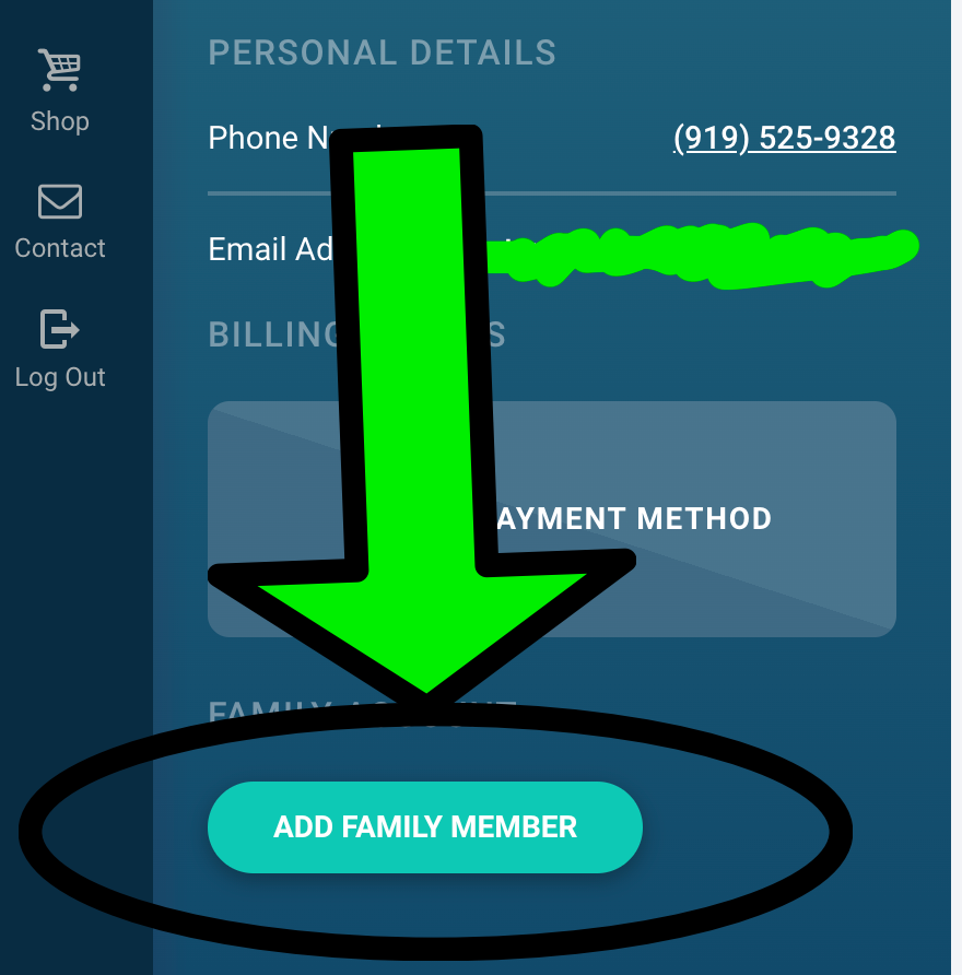 Scroll to the bottom of the member portal and click the Add Family Member button