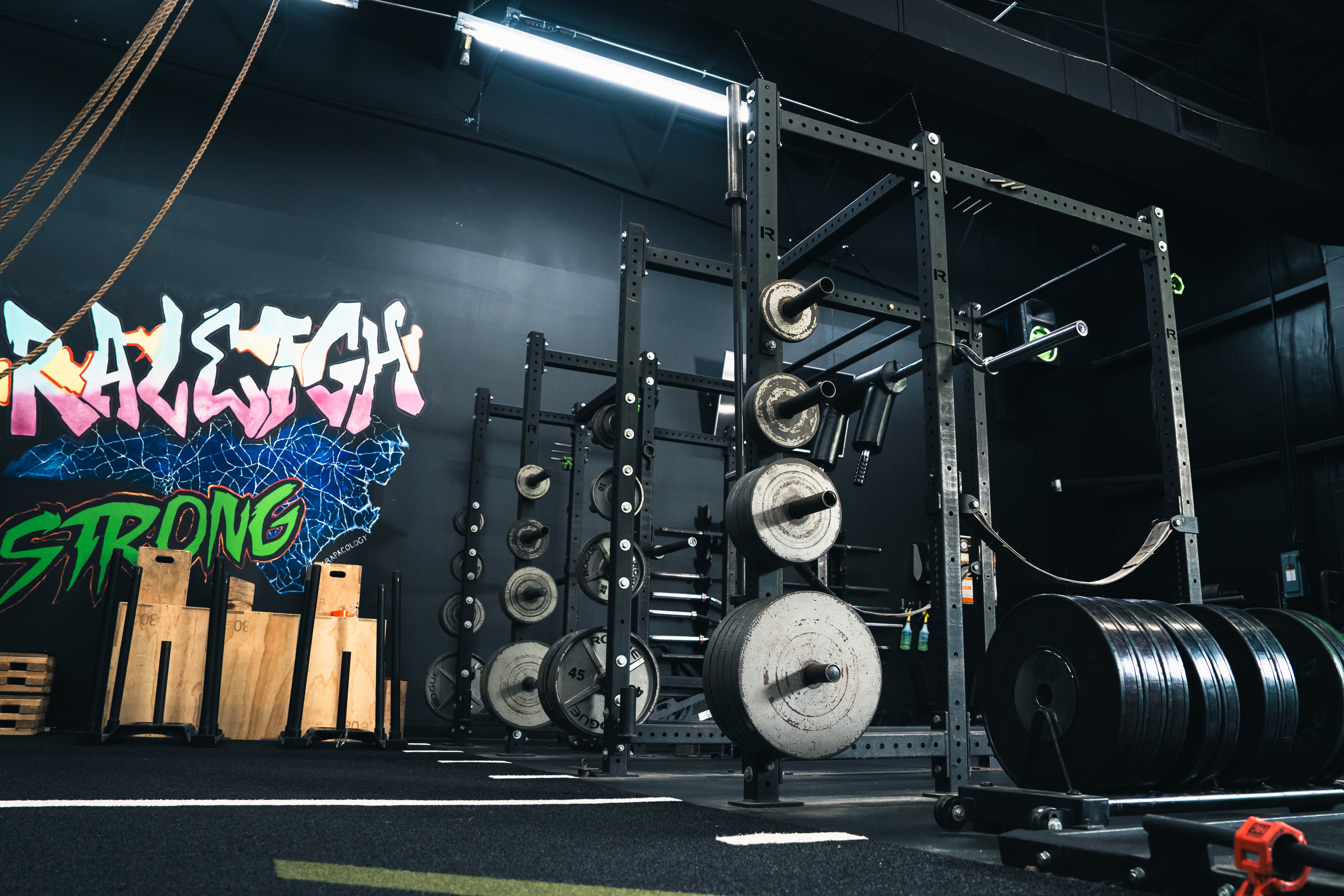 Competition squat racks and weight plates at Archetype Strength powerlifting gym in Raleigh NC